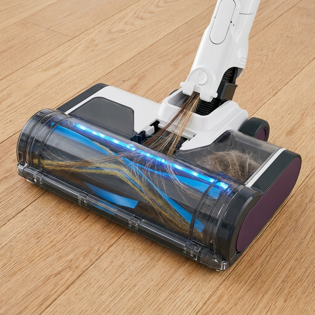 Hair goes in the bin — never around the roller