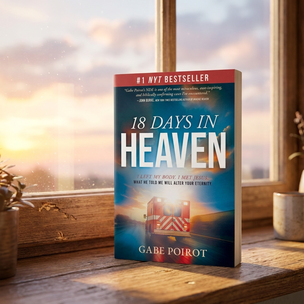 18 Days in Heaven paperback on a windowsill at dawn