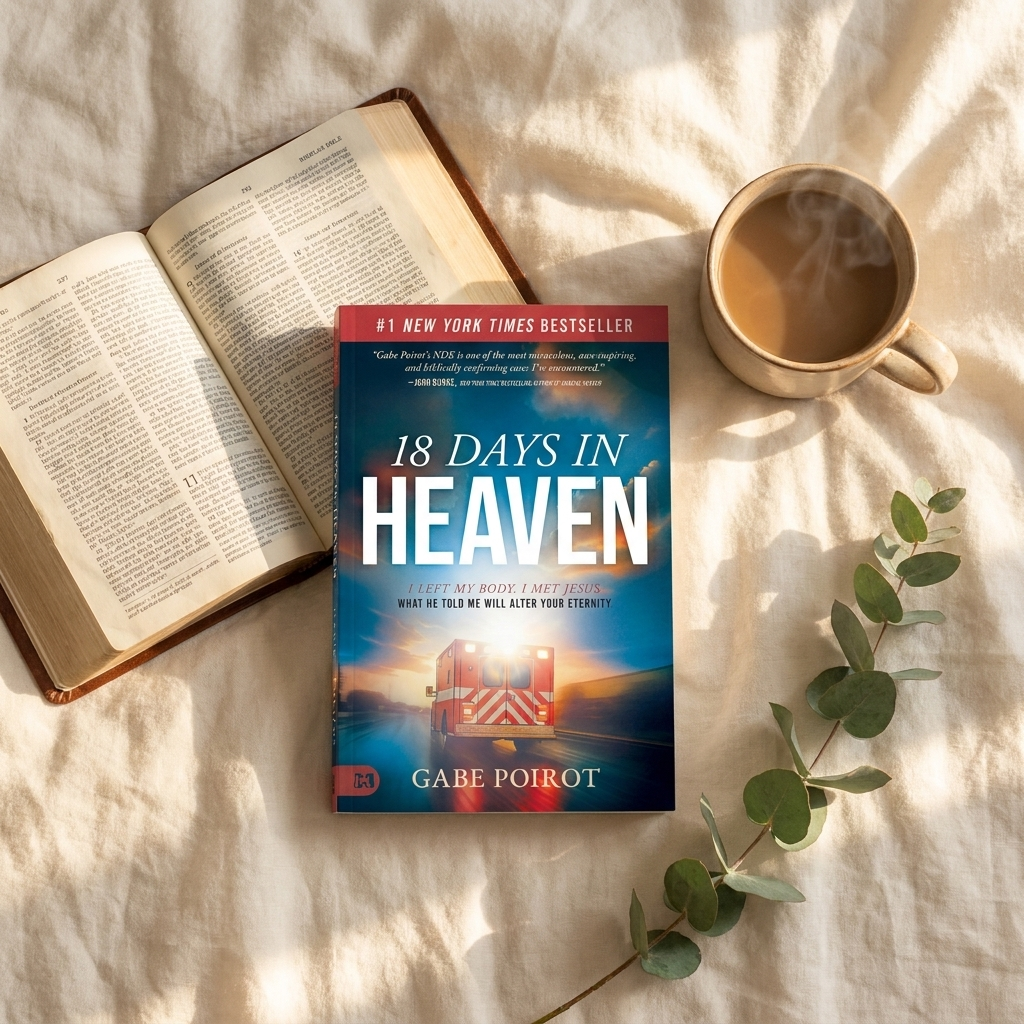 18 Days in Heaven paperback beside an open Bible and coffee