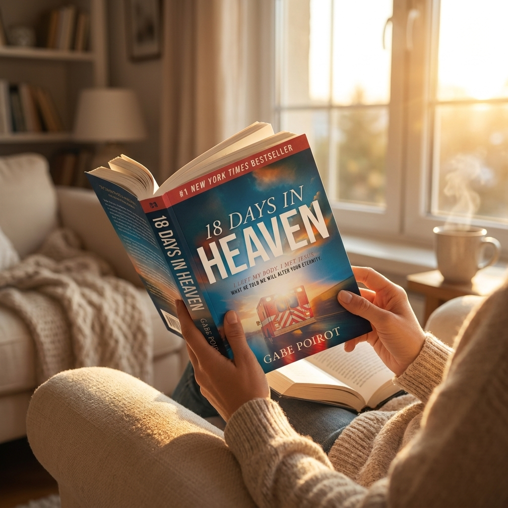 Reader holding 18 Days in Heaven in an armchair