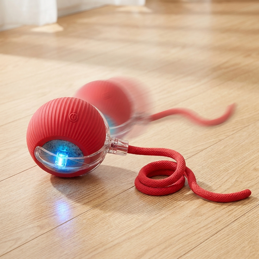 Red interactive cat toy ball with tail on a wood floor