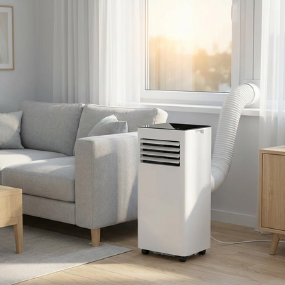 Arctic AC in a bright living room, vented to the window