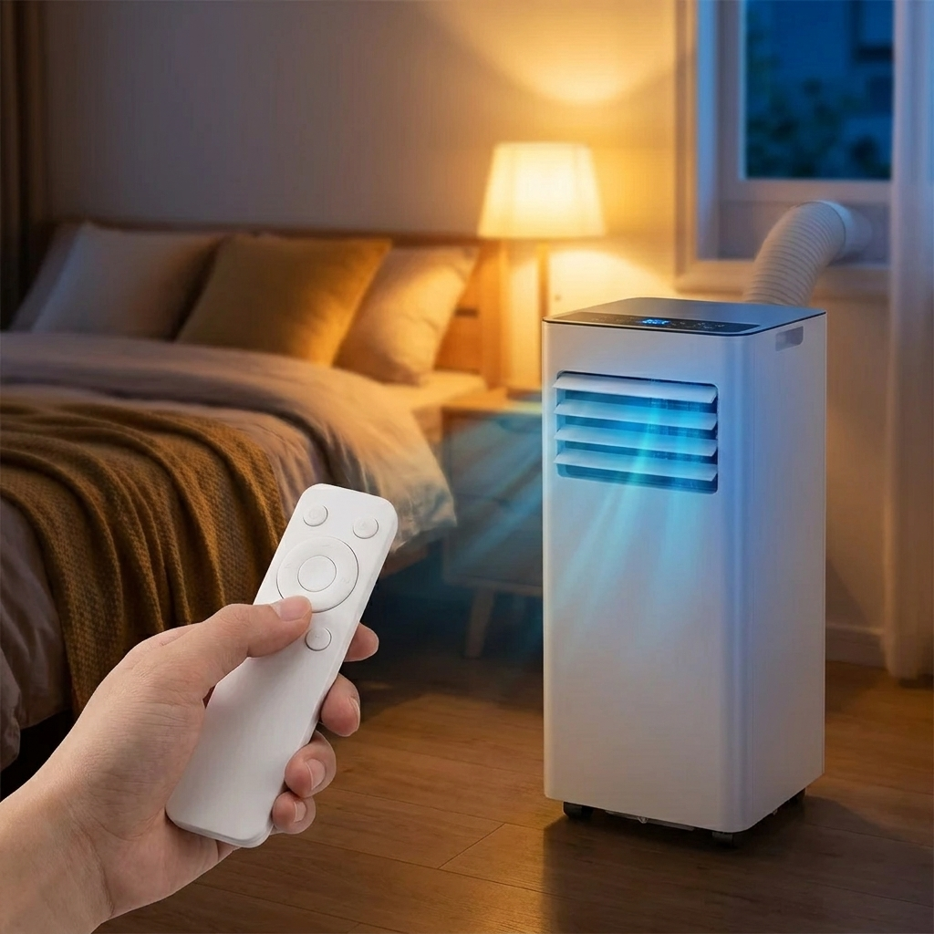 Remote control in hand, unit in the bedroom