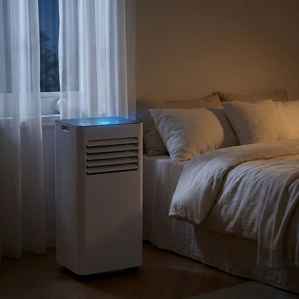 Arctic AC in a dim bedroom at night, sleep mode
